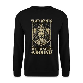 Vlad Willst Du Bleiben Königsgrafik - Unisex Pullover - Schwarz - Vorne - Alina (178cm) & Michal (187cm)