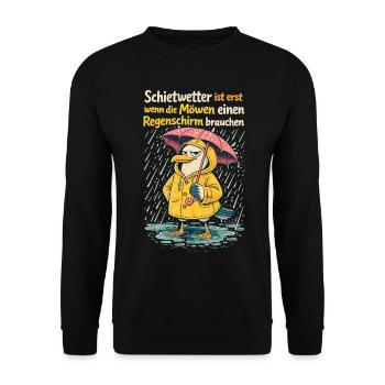 Schietwetter Möwe im Friesennerz | Lustiges Design - Unisex Pullover - Schwarz - Vorne - Alina (178cm) & Michal (187cm)