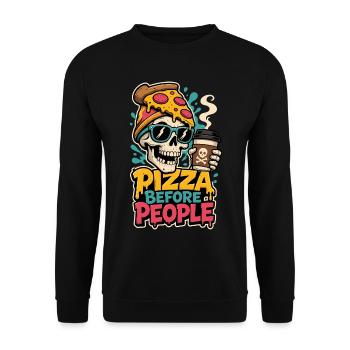 Pizza Before People – Totenkopf mit Kaffee - Unisex Pullover - Schwarz - Vorne - Alina (178cm) & Michal (187cm)