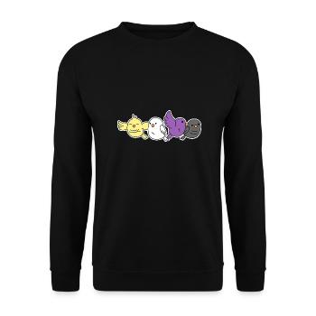 Nichtbinäres Flaggenvogeldesign für stolze Enbys - Unisex Pullover - Schwarz - Vorne - Alina (178cm) & Michal (187cm)