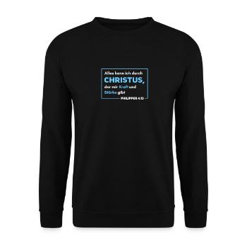 Philipper 4:13 Bibel Spruch Design für Christen - Unisex Pullover - Schwarz - Vorne - Alina (178cm) & Michal (187cm)
