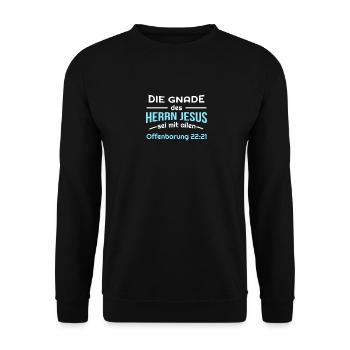 Offenbarung 22:21 Bibel Spruch Design für Christen - Unisex Pullover - Schwarz - Vorne - Alina (178cm) & Michal (187cm)
