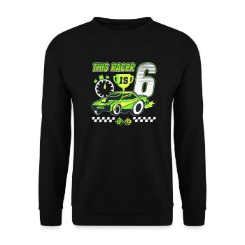 6. Geburtstag Rennfahrer 6 Jahre alt Rennwagen - Unisex Pullover - Schwarz - Vorne - Alina (178cm) & Michal (187cm)