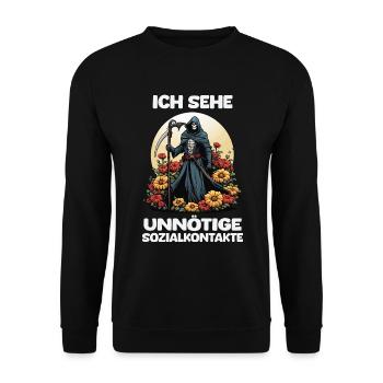Ich Sehe Unnötige Sozialkontakte - Sensenmann - Unisex Pullover - Schwarz - Vorne - Alina (178cm) & Michal (187cm)