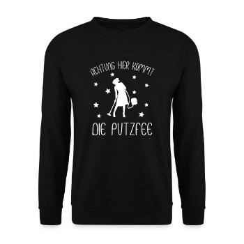 Achtung hier kommt die Putzfee - Unisex Pullover - Schwarz - Vorne - Alina (178cm) & Michal (187cm)