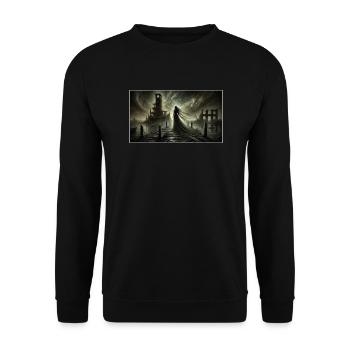 Mysteriöse Gestalt am See - Unisex Pullover - Schwarz - Vorne - Alina (178cm) & Michal (187cm)