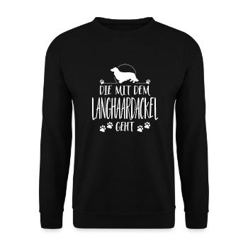 DIE MIT LANGHAARDACKEL GEHT Hundespruch Wilsigns - Unisex Pullover - Schwarz - Vorne - Alina (178cm) & Michal (187cm)