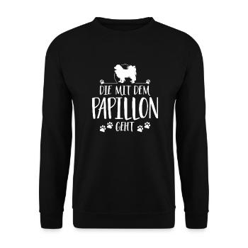 DIE MIT PAPILLON GEHT Hundespruch Hund Wilsigns - Unisex Pullover - Schwarz - Vorne - Alina (178cm) & Michal (187cm)