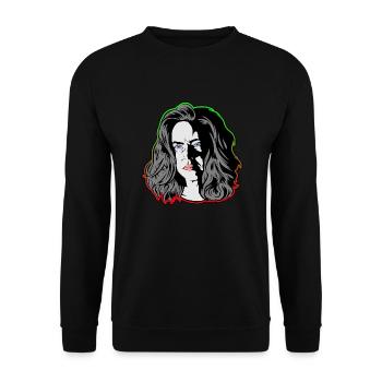 Eine Frau wie aus einem noir Film grün/orange - Unisex Pullover - Schwarz - Vorne - Alina (178cm) & Michal (187cm)