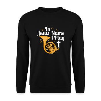 In Jesus Name I Play Hornist Horn Player - Unisex Pullover - Schwarz - Vorne - Alina (178cm) & Michal (187cm)