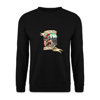 INTO THE BATTLE BUT FIRST COFFEE - Unisex Pullover - Schwarz - Vorne - Alina (178cm) & Michal (187cm)