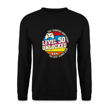 Original 1974 Vintage Level 50 Freischalten - Unisex Pullover - Schwarz - Vorne - Alina (178cm) & Michal (187cm)
