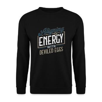 Meine Energie mit dem Humor der teuflischen Eier in Einklang bringen - Unisex Pullover - Schwarz - Vorne - Alina (178cm) & Michal (187cm)