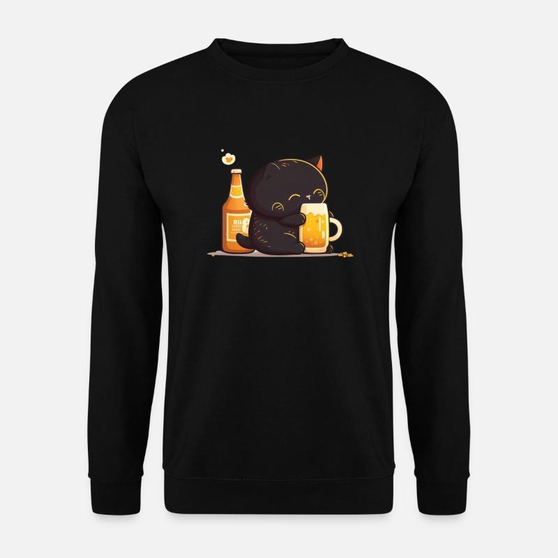 Katze kuschelt mit Bier - Unisex Pullover - Schwarz
