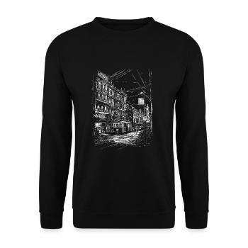 Stadtbild Relief mit Straßenbahn und Strommasten - Unisex Pullover - Schwarz - Vorne - Alina (178cm) & Michal (187cm)