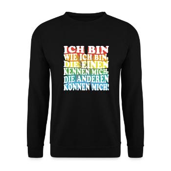 Ich bin wie ich bin - Adenauer Zitat in 3D Text - Unisex Pullover - Schwarz - Vorne - Alina (178cm) & Michal (187cm)