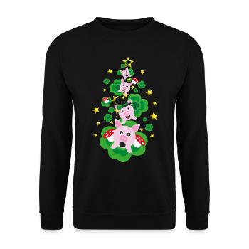 Silvester Glücksschweine mit Klee und Sternen. - Unisex Pullover - Schwarz - Vorne - Alina (178cm) & Michal (187cm)