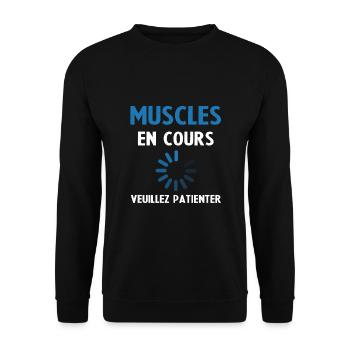 Muskelaufbau: Laufend Bitte warten - Unisex Pullover - Schwarz - Vorne - Alina (178cm) & Michal (187cm)