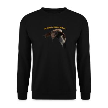 ROTMILAN, fliegend. Schützt unsere Natur- gelb - Unisex Pullover - Schwarz - Vorne - Alina (178cm) & Michal (187cm)