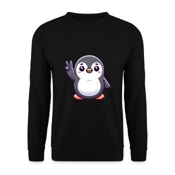 Friedlicher Pinguin Cartoon Illustration - Unisex Pullover - Schwarz - Vorne - Alina (178cm) & Michal (187cm)