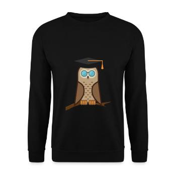 braune Eule Hedwig mit Sonnenbrille | Eulen Design - Unisex Pullover - Schwarz - Vorne - Alina (178cm) & Michal (187cm)