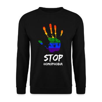 Stop Homophobia LGBT Gay Pride CSD Hand Regenbogen - Unisex Pullover - Schwarz - Vorne - Alina (178cm) & Michal (187cm)
