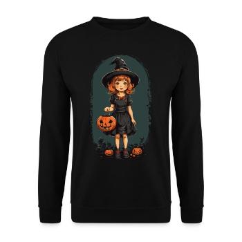 Vintage Halloween Hexe Kürbis Retro Design - Unisex Pullover - Schwarz - Vorne - Alina (178cm) & Michal (187cm)