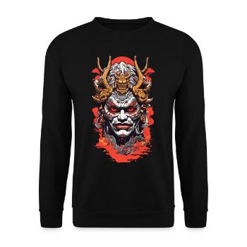 Retro Japan Oni Dämonen Aesthetic Design - Unisex Pullover - Schwarz - Vorne - Alina (178cm) & Michal (187cm)