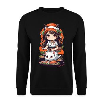 Kawaii Anime Sushi Kemomimi Master with Cat - Unisex Sweatshirt - black - Front - Alina (178cm) & Michal (187cm)