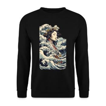 Geisha Ukiyo-E Welle Retro Streetwear Kunst - Unisex Pullover - Schwarz - Vorne - Alina (178cm) & Michal (187cm)