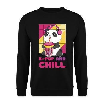 Kawaii Panda mit Kopfhörern und Bubble Tea - Unisex Pullover - Schwarz - Vorne - Alina (178cm) & Michal (187cm)
