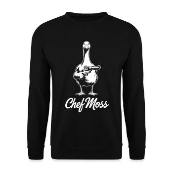 Chefmoss - humorvolles Design Gans mit Pistole - Unisex Pullover - Schwarz - Vorne - Alina (178cm) & Michal (187cm)