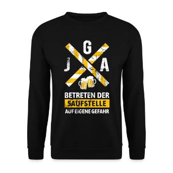 JGA Betreten der Saufstelle Warnhinweis  - Unisex Pullover - Schwarz - Vorne - Alina (178cm) & Michal (187cm)