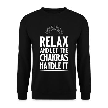 Entspann dich - Chakren regeln das - Unisex Pullover - Schwarz - Vorne - Alina (178cm) & Michal (187cm)