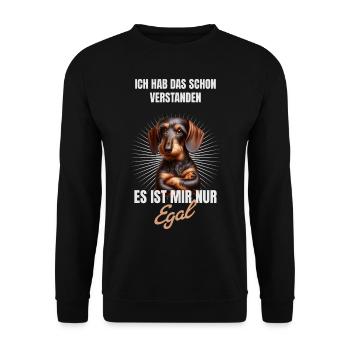 Schon verstanden, es ist mir nur egal Dackel - Unisex Pullover - Schwarz - Vorne - Alina (178cm) & Michal (187cm)