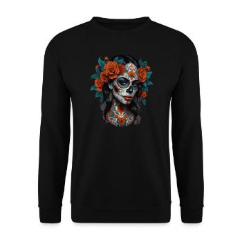 Santa Muerte Schädel Frau Design. - Unisex Pullover - Schwarz - Vorne - Alina (178cm) & Michal (187cm)