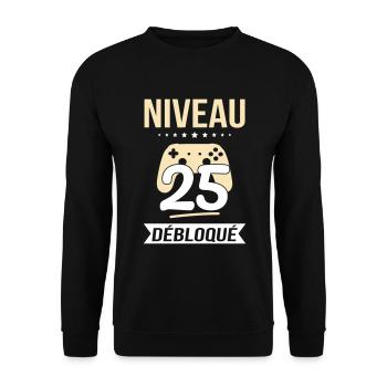 Anniversaire 25 ans - Niveau 25 débloqué - Gamer - Sweat-shirt Unisexe - noir - Devant - Alina (178cm) & Michal (187cm)