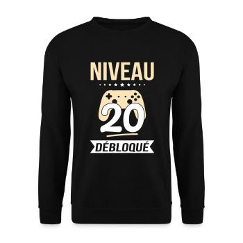 Anniversaire 20 ans - Niveau 20 débloqué - Gamer - Sweat-shirt Unisexe - noir - Devant - Alina (178cm) & Michal (187cm)