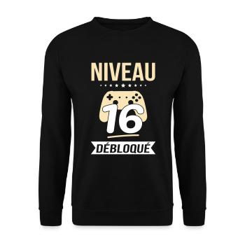 Anniversaire 16 ans - Niveau 16 débloqué - Gamer - Sweat-shirt Unisexe - noir - Devant - Alina (178cm) & Michal (187cm)