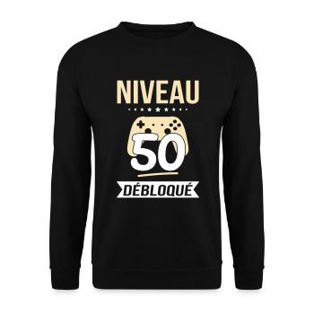 Anniversaire 50 ans - Niveau 50 débloqué - Gamer - Sweat-shirt Unisexe - noir - Devant - Alina (178cm) & Michal (187cm)