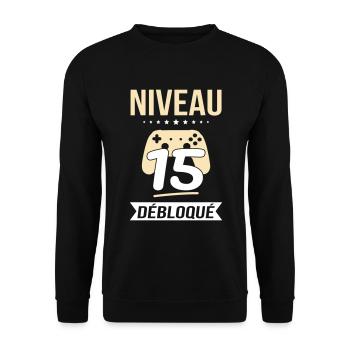 Anniversaire 15 ans - Niveau 15 débloqué - Gamer - Sweat-shirt Unisexe - noir - Devant - Alina (178cm) & Michal (187cm)