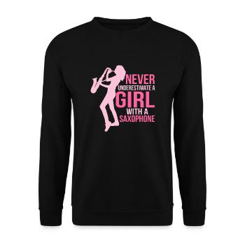 Ne sous-estimez jamais une fille avec un joueur de saxophone - Sweat-shirt Unisexe - noir - Devant - Alina (178cm) & Michal (187cm)