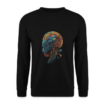 Buntes surrealistisches Trippy Gehirn/Schädel - Unisex Pullover - Schwarz - Vorne - Alina (178cm) & Michal (187cm)