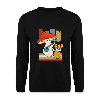 Cooler lustiger Retro-Pilz, der eine Gitarre spielt - Unisex Pullover - Schwarz - Vorne - Alina (178cm) & Michal (187cm)