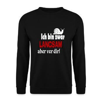 Schnecke Sprüche Ich bin langsam - Unisex Pullover - Schwarz - Vorne - Alina (178cm) & Michal (187cm)