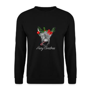 Hairy Christmas Schottisches Hochlandrind - Unisex Pullover - Schwarz - Vorne - Alina (178cm) & Michal (187cm)