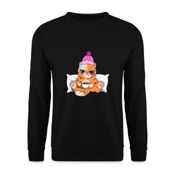 Kaffee Katze - Unisex Pullover - Schwarz - Vorne - Alina (178cm) & Michal (187cm)