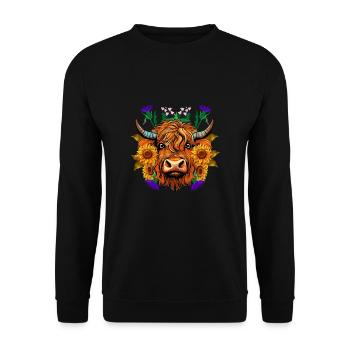 Scottish Thistle Sunflower Highland Cow - Unisex Pullover - Schwarz - Vorne - Alina (178cm) & Michal (187cm)