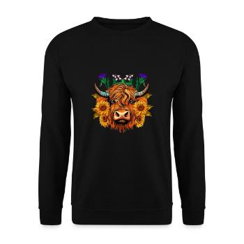 Scottish Thistle Sunflower Highland Cow - Unisex Pullover - Schwarz - Vorne - Alina (178cm) & Michal (187cm)