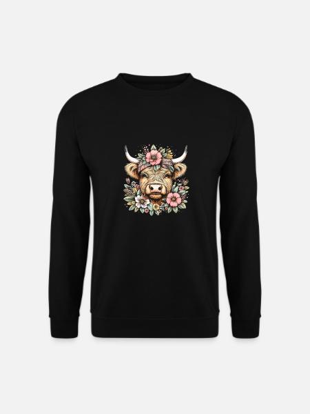 Scottish Highland Cow with Flowers - Unisex Pullover - Schwarz